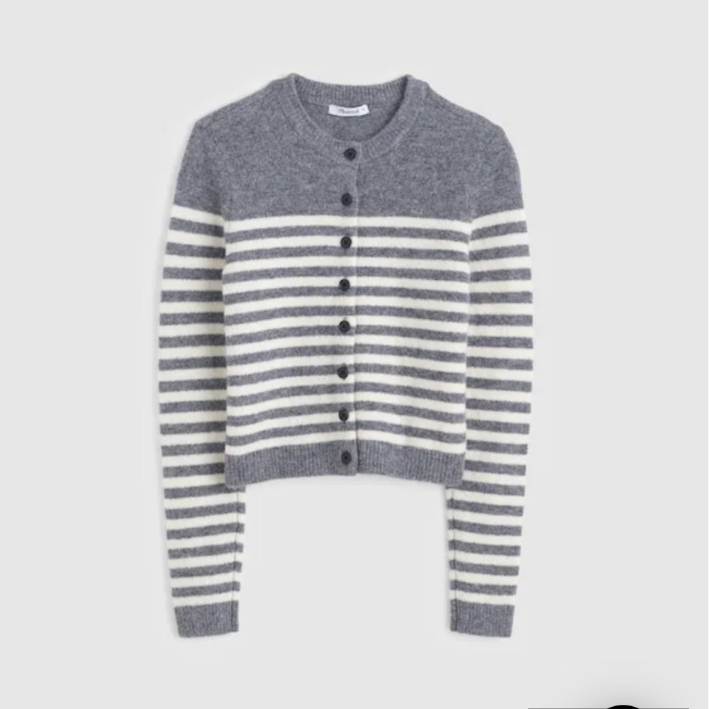 Madewell CloudSoft Shrunken Cardigan Medium Hthr Grey Stripe Wool size Medium